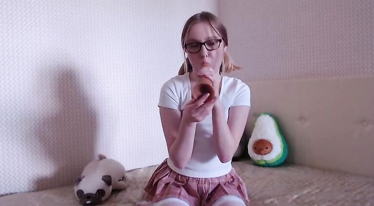 Cute teen riding and sucking big dildo