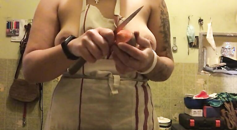 Nude girl in apron alone prepares dinner - HarleenJackson